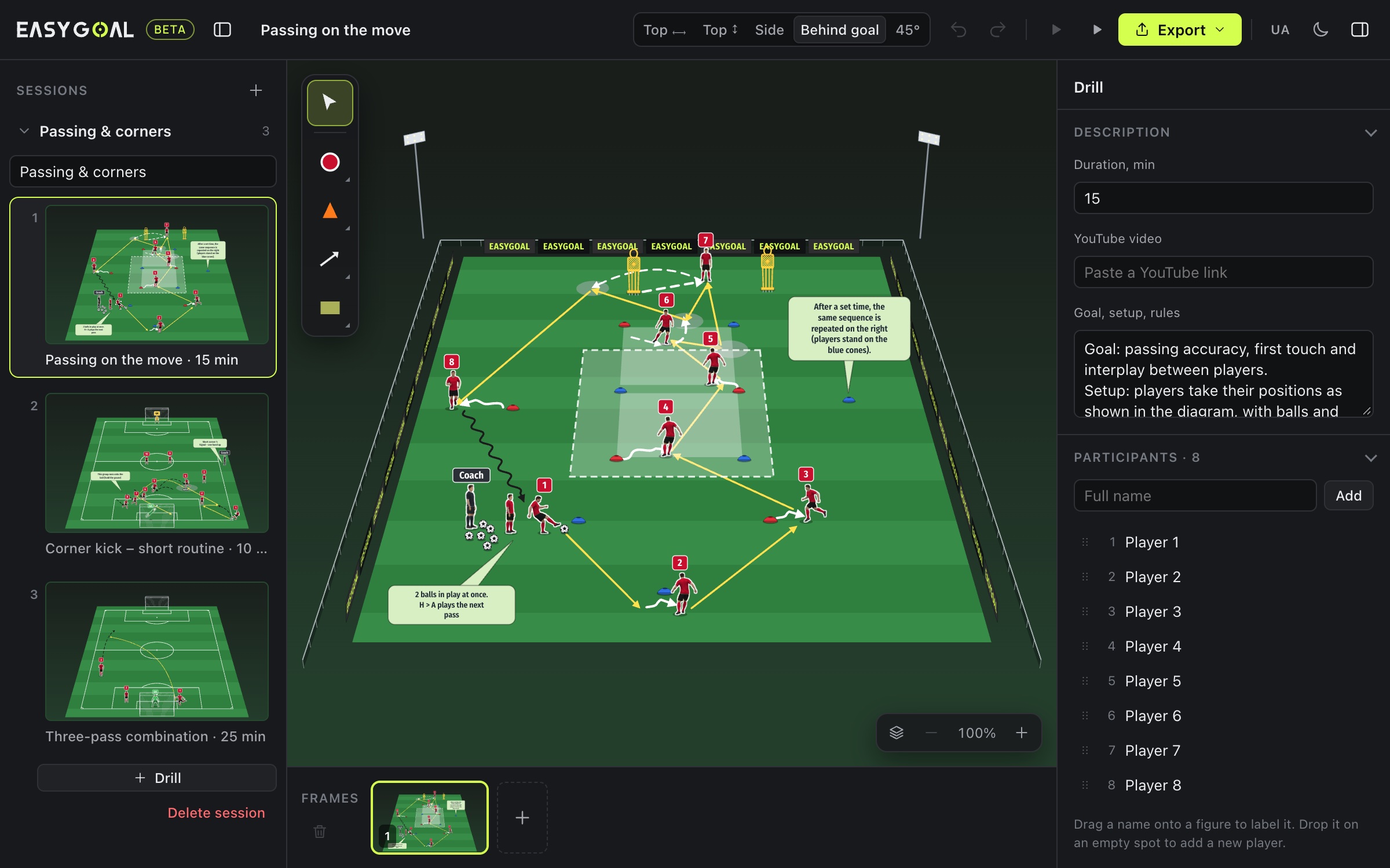 EasyGoal on a laptop: a drill on the pitch, the session library and the properties panel